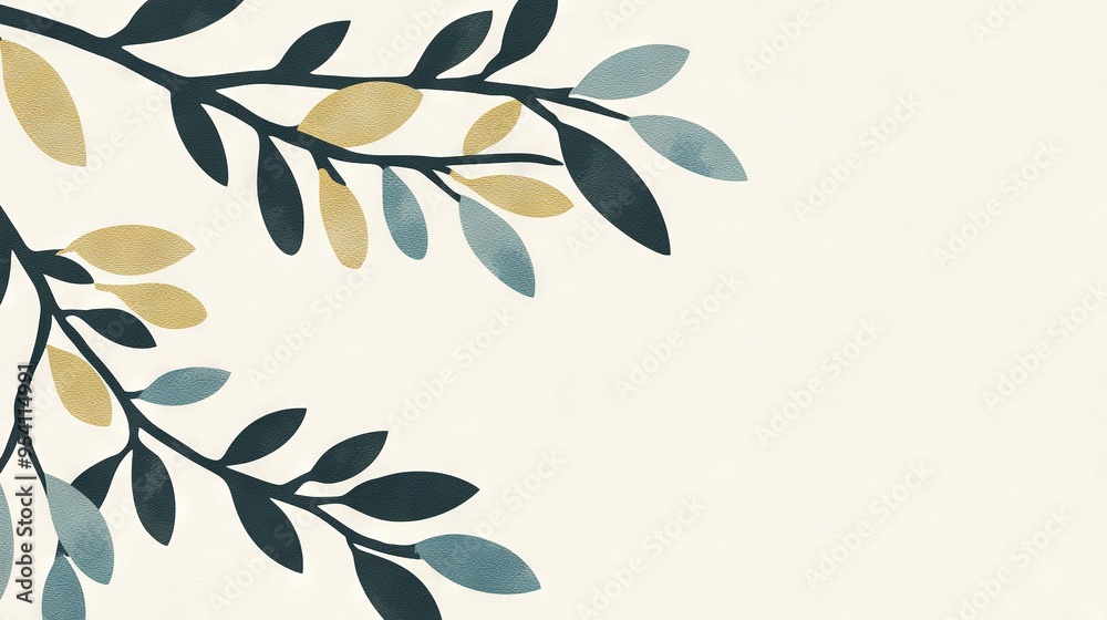   A tree's branch painted in yellow and green against a white canvas with a blue-yellow border