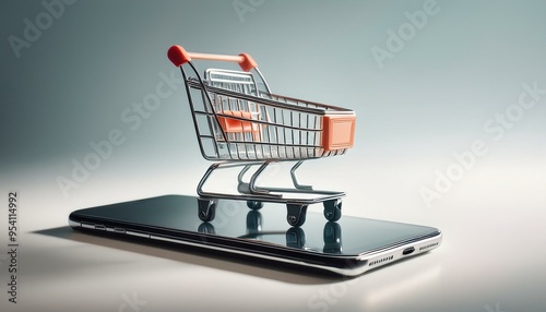 Illustration of a miniature shopping cart placed on a smartphone, set against a neutral and light background. Generative AI photo