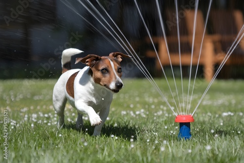 Jack Russell chasing a moving sprinkler in the garden with playful energy photo