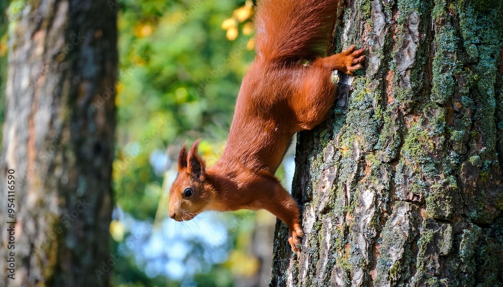 A squirrel searches for acorns and climbs up a tree. A squirrel searches for acorns and climbs up a tree.