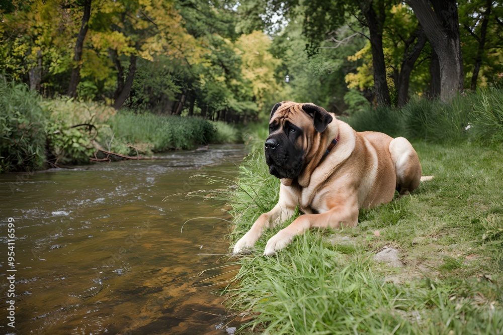 Mastiff resting by a gentle stream, enjoying the serene environment Mastiff resting by a gentle stream, enjoying the serene environment