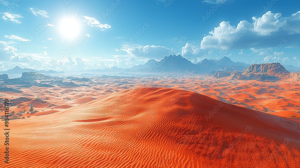 Fototapeta premium Sand dunes and mountains in a desert landscape, framed by a bright blue sky with cloudy background