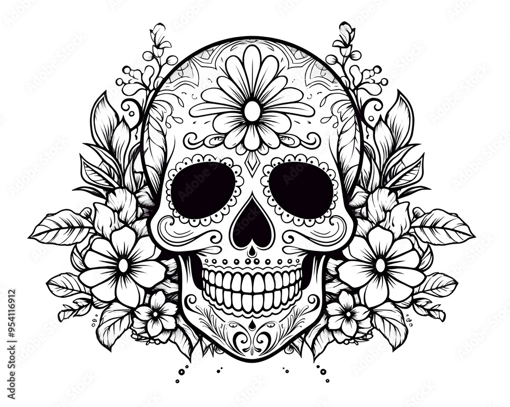A detailed sugar skull adorned with flowers and intricate patterns. Day of the Dead coloring book page line art illustration. A detailed sugar skull adorned with flowers and intricate patterns. Day of the Dead coloring book page line art illustration.