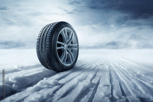 winter tire on snow and ice road advertisement for safety and background 