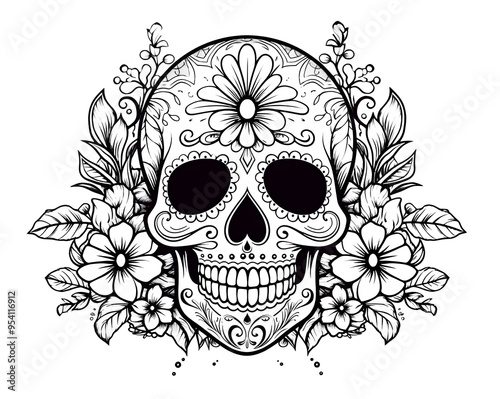A detailed sugar skull adorned with flowers and intricate patterns. Day of the Dead coloring book page line art illustration.