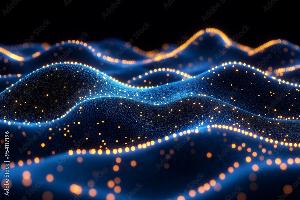 A captivating digital abstract image depicting a flowing wave pattern illuminated by glowing blue lines and golden particles. 