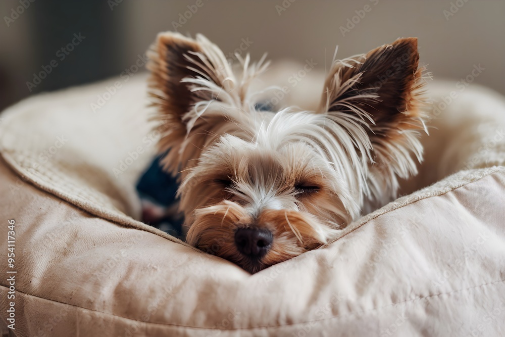 Yorkie nuzzling into a warm pillow, resting peacefully Yorkie nuzzling into a warm pillow, resting peacefully