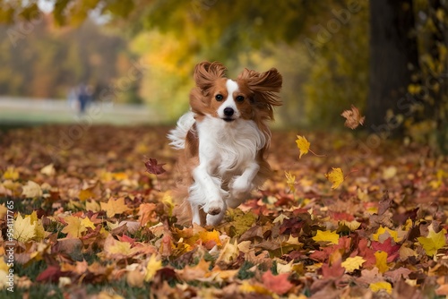 Cavalier running through autumn leaves, bounding with joy