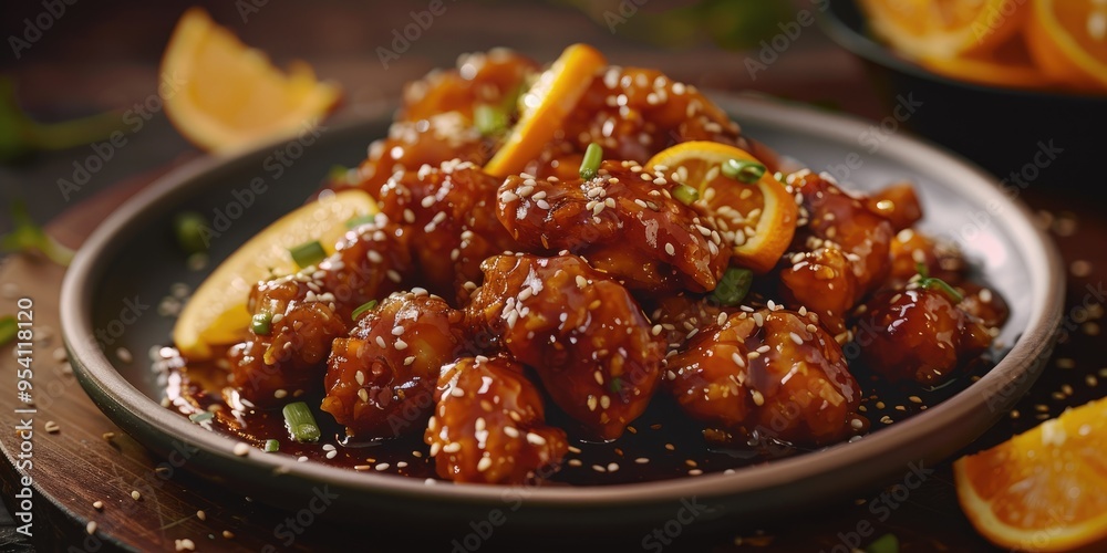 Plate of Orange Chicken with Sweet and Sour Sauce Garnished with Orange Slices White Sesame Seeds and Green Shallots Plate of Orange Chicken with Sweet and Sour Sauce Garnished with Orange Slices White Sesame Seeds and Green Shallots
