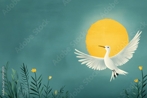 Minimalist Common Tern, A white bird in flight, captured mid-air against a deep blue background with a bright yellow sun. The bird's wings are spread wide, creating a sense of freedom and lightness. photo