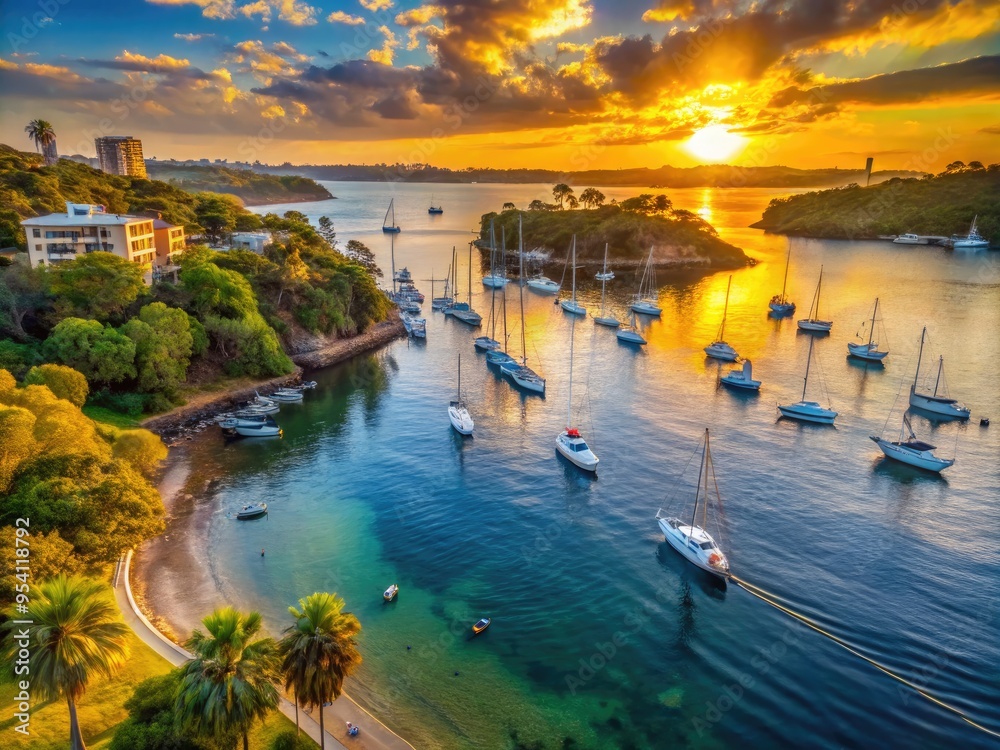 Obraz premium Golden hour illuminates tranquil waters of Botany Bay in Sydney, with sailboats and yachts docked along the scenic shoreline amidst lush greenery and palm trees.
