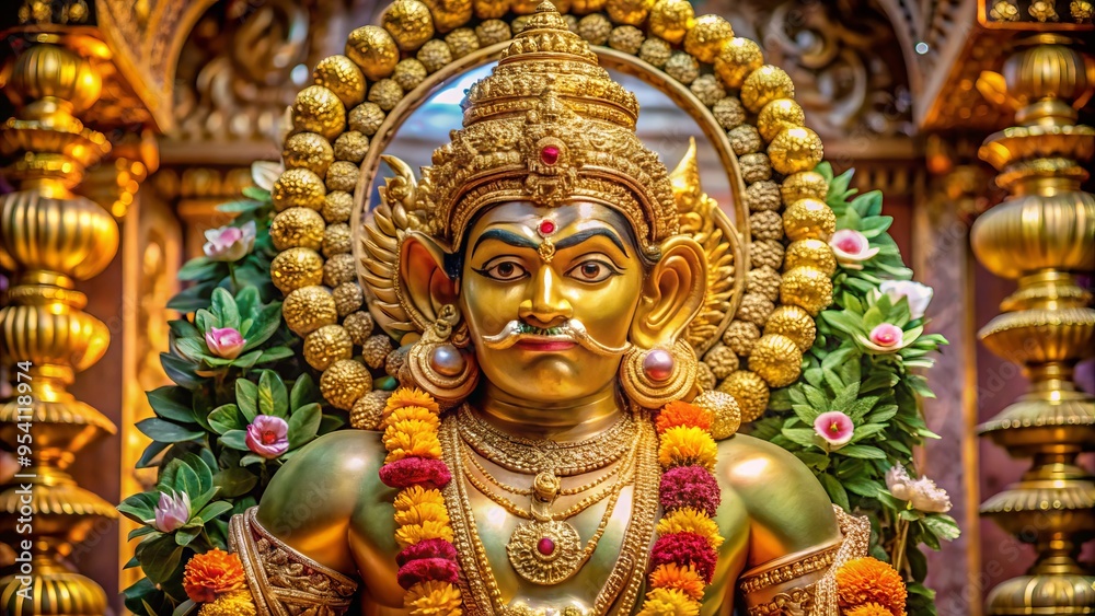 Golden idol of Hindu deity Hanuman, adorned with garlands and ornaments, sits in a serene temple setting surrounded Golden idol of Hindu deity Hanuman, adorned with garlands and ornaments, sits in a serene temple setting surrounded