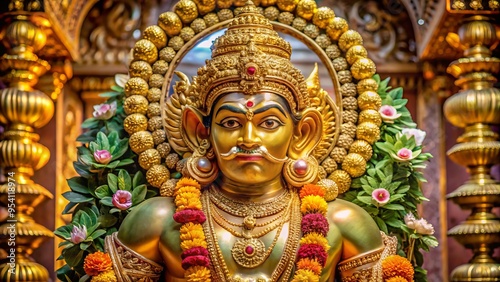 Wallpaper Mural Golden idol of Hindu deity Hanuman, adorned with garlands and ornaments, sits in a serene temple setting surrounded Torontodigital.ca