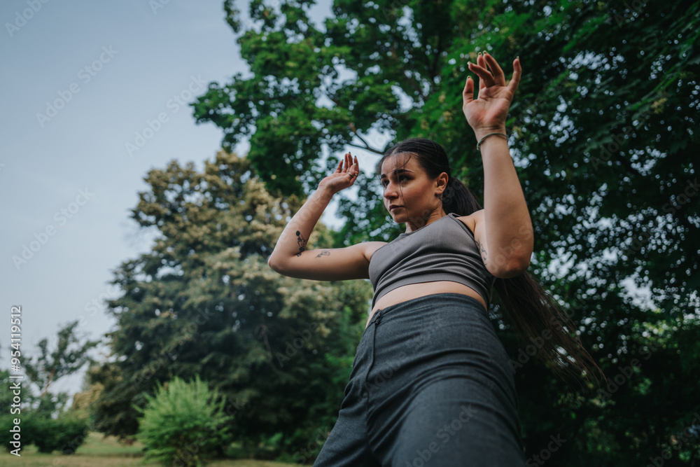 A dynamic dance performance by a young woman in a lush park, showcasing movement, freedom, and self-expression amidst nature. A dynamic dance performance by a young woman in a lush park, showcasing movement, freedom, and self-expression amidst nature.