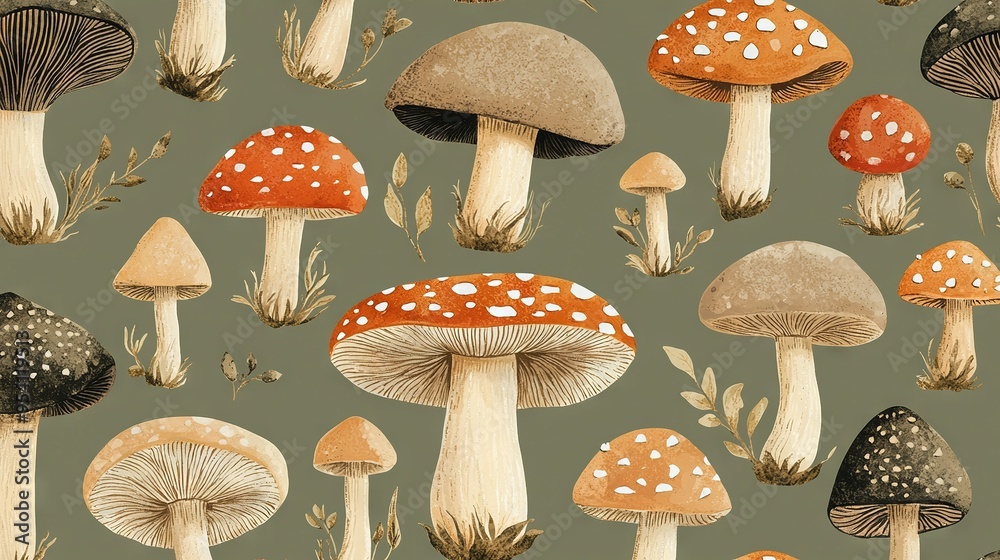 A set of mushrooms against a green backdrop, surrounded by brown foliage and dotted with white spots on their caps A set of mushrooms against a green backdrop, surrounded by brown foliage and dotted with white spots on their caps
