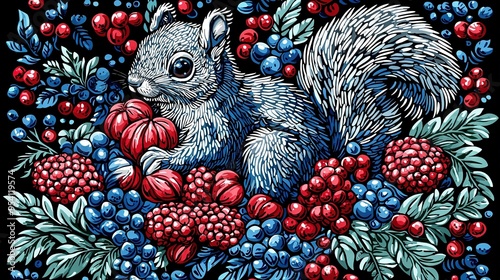 Wallpaper Mural   A photo of a squirrel amidst berries, leaves, and against a black backdrop featuring red, white, and blue tones Torontodigital.ca