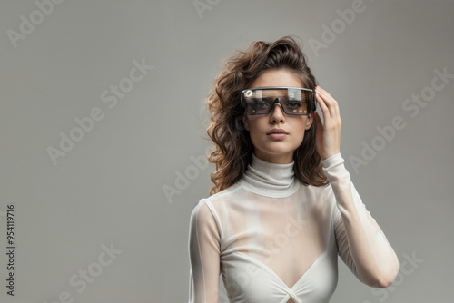 a woman futuristic data glasses with a smart interface showing news and data