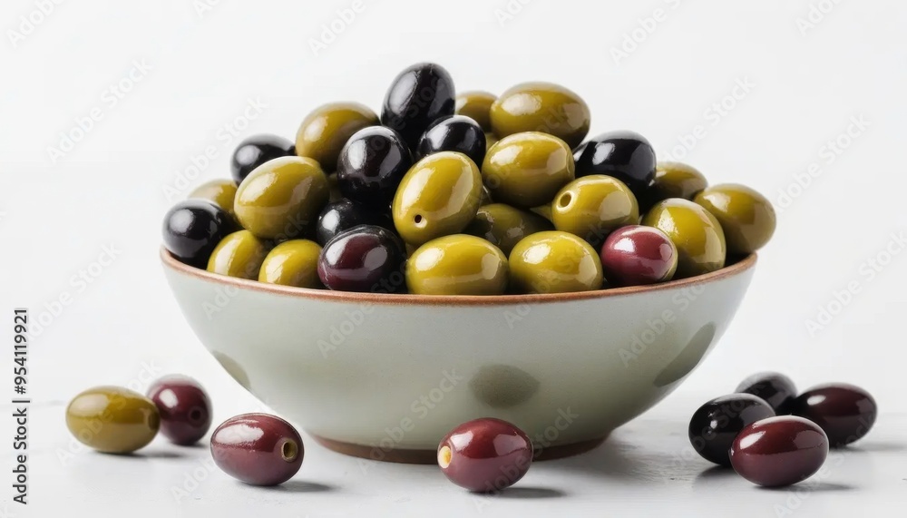 Olives in a bowl on white background: Olives are an excellent snack for alcoholic beverages and an indispensable ingredient in many dishes Olives in a bowl on white background: Olives are an excellent snack for alcoholic beverages and an indispensable ingredient in many dishes