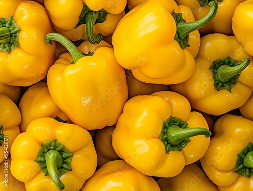 Pile of Yellow Bell Peppers with Fresh, Vibrant Color, Perfect for Healthy Recipes, Vegetarian Cuisine, or Vegetable-Themed Designs photo