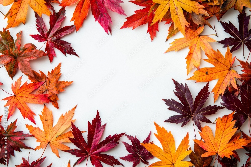 Autumn Maple Leaves Flat Lay White Background created with Generative AI Autumn Maple Leaves Flat Lay White Background created with Generative AI