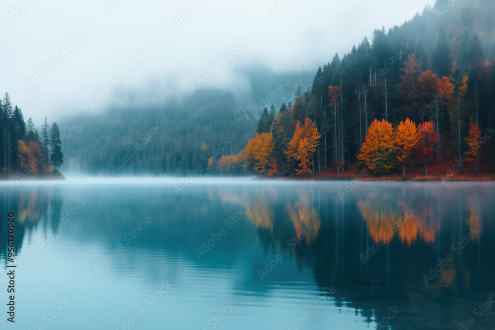 Fototapeta premium Tranquility of nature camping by a serene lake surrounded by autumn trees in early morning mist