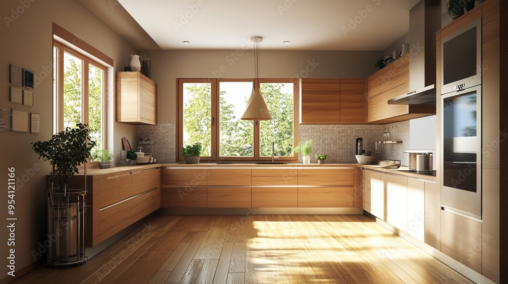Fototapeta premium Modern furnished wooden kitchen interior