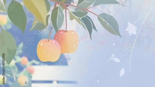   Two cherries dangle from a tree against a blue-white backdrop, surrounded by foliage and a bench photo