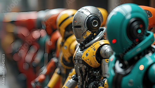 Robots, their metallic bodies visible in every form move with precise and precise movements They're a diverse array of colors from deep reds and yellows to vibrant greens and blues, creating a dynamic photo