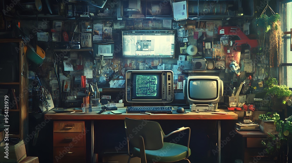 A Retro Workstation with a Cluttered Wall and Green Plants A Retro Workstation with a Cluttered Wall and Green Plants