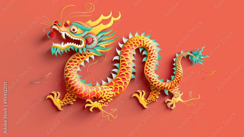 Fototapeta premium A paper cut-out of a golden dragon with red scales and teal accents on a brown background.