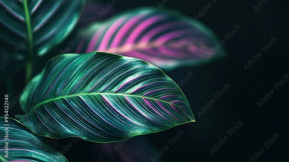 Naklejka premium A close-up photo of a green leaf with purple and green patterns on its surface against a dark background