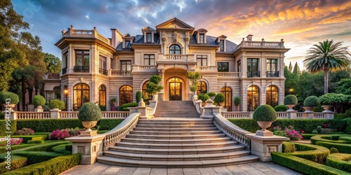 Grandiose stone façade of a luxurious mansion with sprawling gardens, sweeping staircases, and elegant architecture, photo