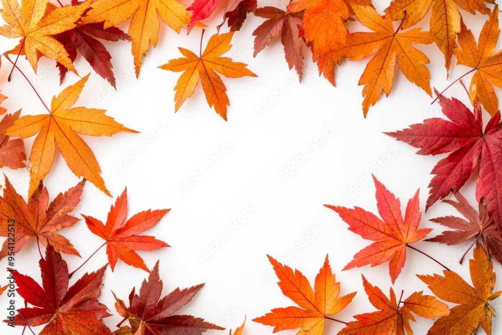 Autumn Maple Leaves Flat Lay White Background created with Generative AI Autumn Maple Leaves Flat Lay White Background created with Generative AI