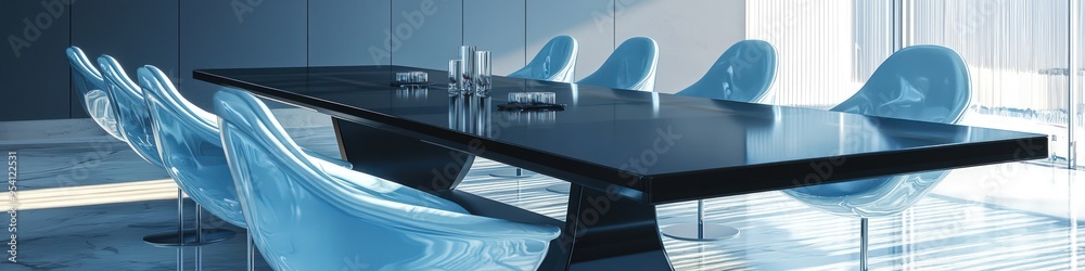 Fototapeta premium Luxurious minimalist dining area with black table and icy blue chairs, 3D rendering.
