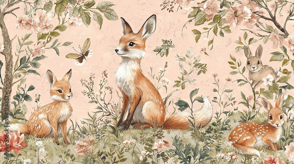 Fototapeta premium Fox and Fawns in a Flower Field with Butterfly Background