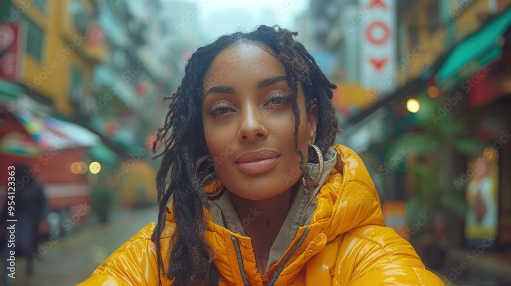 Young Woman with Dreadlocks in a Yellow Jacket Smiles in a City Street Young Woman with Dreadlocks in a Yellow Jacket Smiles in a City Street