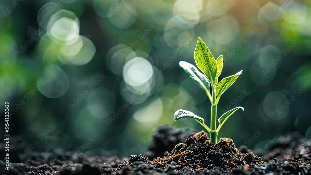 Young plant sprouting in soil with blurred green background, growth and nature concept Young plant sprouting in soil with blurred green background, growth and nature concept