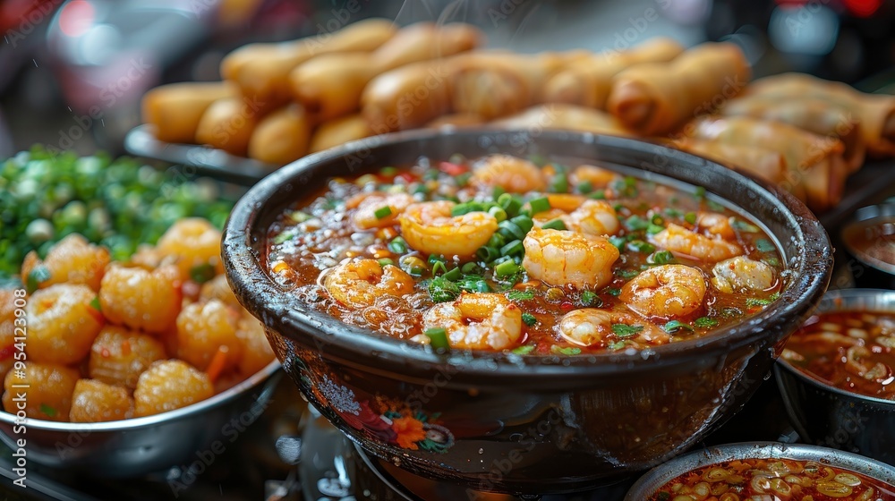 Steaming Hot Shrimp Dish with Spring Onions, Close-Up Steaming Hot Shrimp Dish with Spring Onions, Close-Up