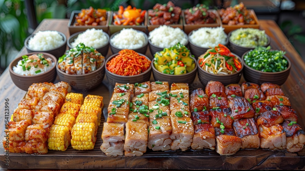 Delicious Asian Cuisine with Grilled Meat, Rice, and Sides Delicious Asian Cuisine with Grilled Meat, Rice, and Sides
