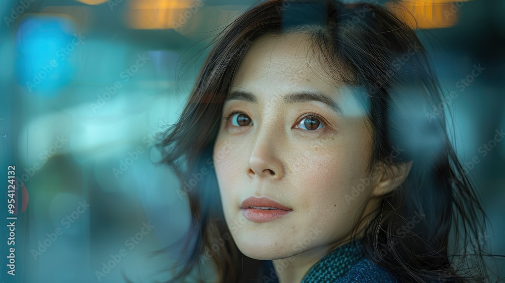 Woman Looking Through Window with City Lights in Background Woman Looking Through Window with City Lights in Background