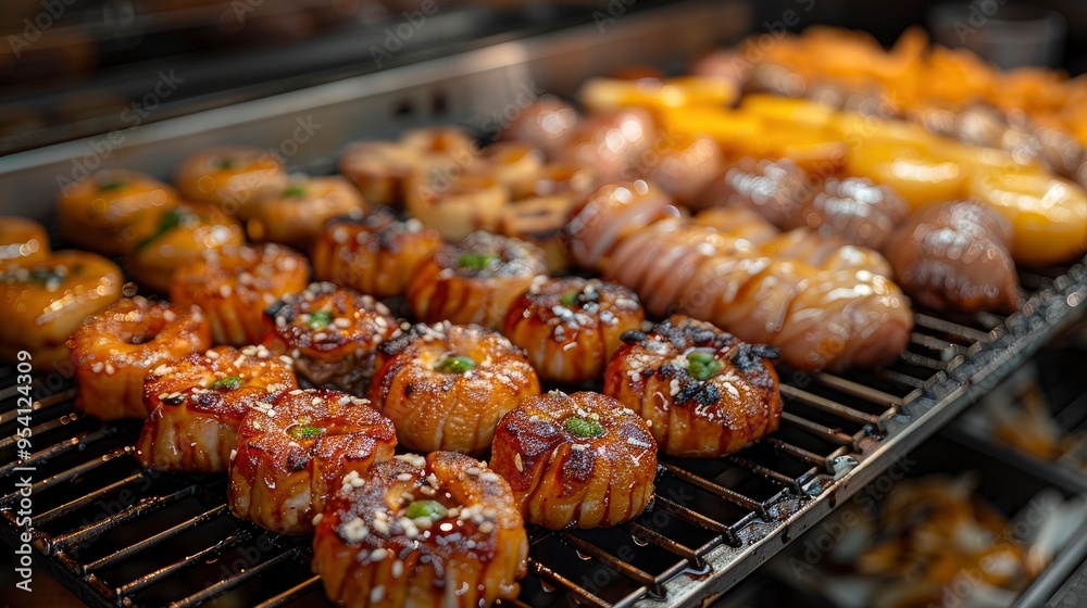Grilled octopus and seafood skewers on display at a street food stall Grilled octopus and seafood skewers on display at a street food stall