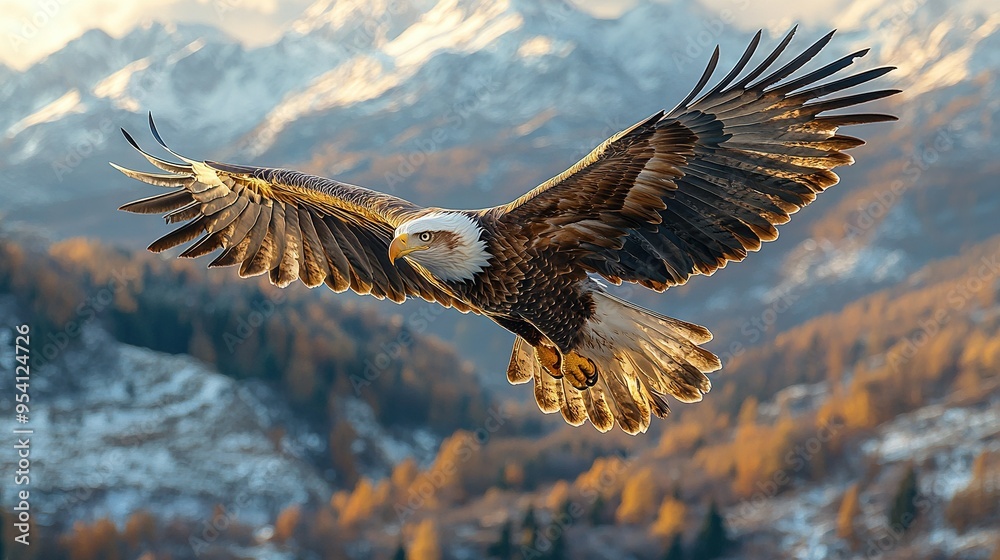 A bald eagle soars through the sky against a majestic mountain background A bald eagle soars through the sky against a majestic mountain background