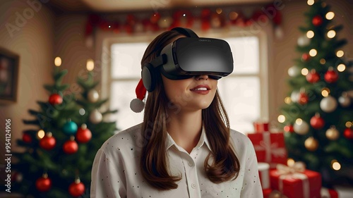 Excited Woman Experiencing Virtual Reality in Christmas Decorated Living Room. Generated AI