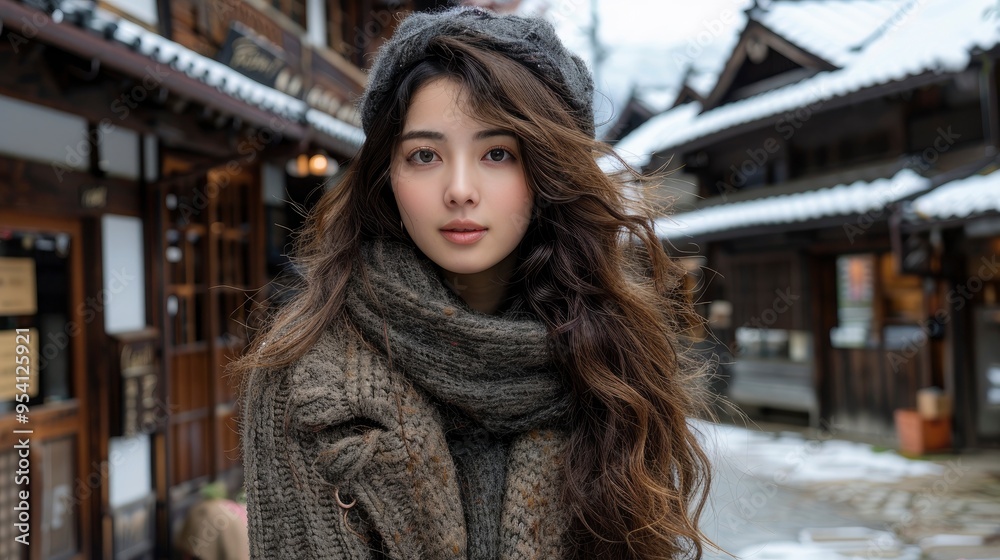 Young woman in winter clothing looking at the camera in a Japanese village Young woman in winter clothing looking at the camera in a Japanese village