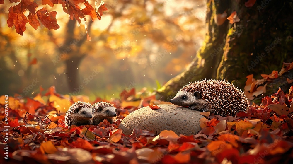 Two hedgehogs perched on a rock amidst a leafy forest landscape Two hedgehogs perched on a rock amidst a leafy forest landscape