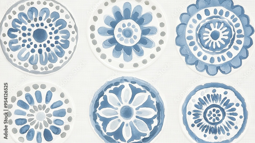 A set of blue and white dishes on a white table with blue and white blossoms and specks A set of blue and white dishes on a white table with blue and white blossoms and specks