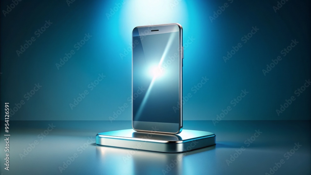 Highly detailed, lifelike rendering of a sleek, silver smartphone on a transparent glass pedestal against a soft, Highly detailed, lifelike rendering of a sleek, silver smartphone on a transparent glass pedestal against a soft,