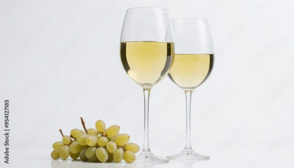 Glasses of white wine on white background: Two glasses of white wine, filled to the brim, are ready for tasting Glasses of white wine on white background: Two glasses of white wine, filled to the brim, are ready for tasting