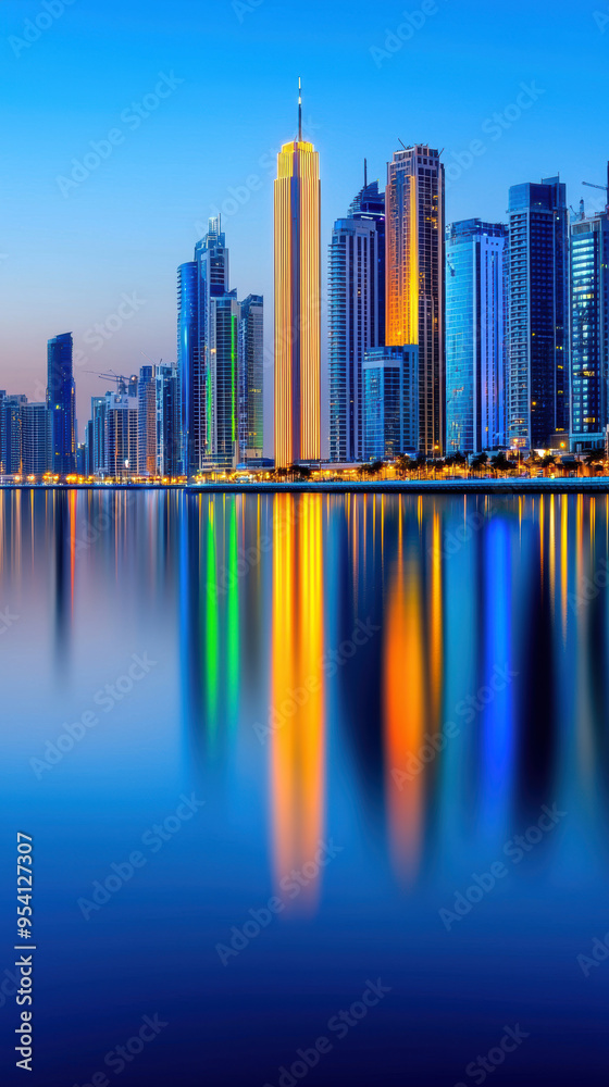 City skyline at dusk with glowing skyscrapers reflecting on a calm river, urban glowtime, serene and modern City skyline at dusk with glowing skyscrapers reflecting on a calm river, urban glowtime, serene and modern