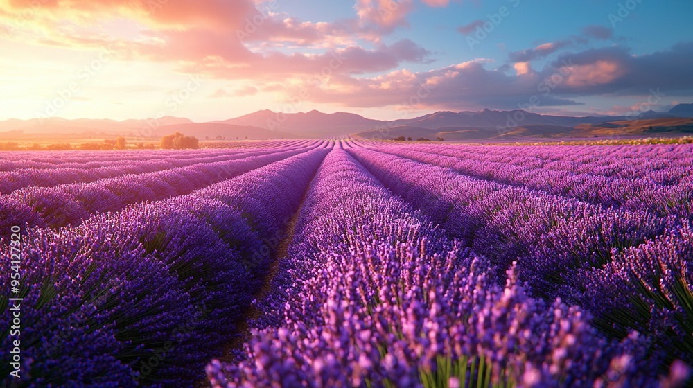 Obraz premium A vast expanse of vibrant lavender blooms under the golden glow of the distant sun, framed by majestic mountains